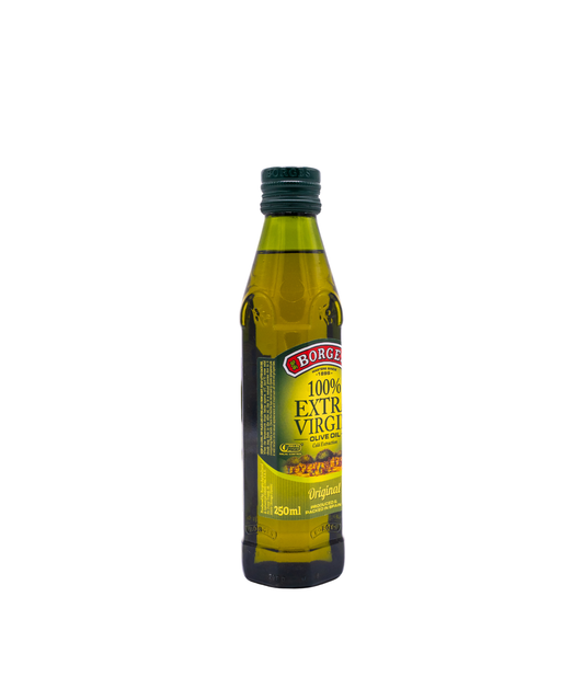 Bottle of Borge 100% Extra Virgin olive oil on a white background