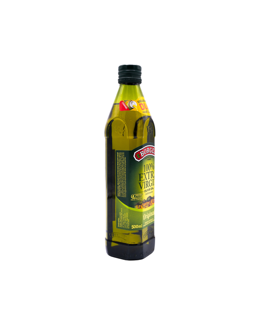 Bottle of olive oil with a label on a white background