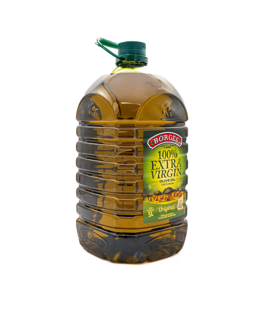 Bottle of Borge 100% Extra Virgin Olive Oil on a white background