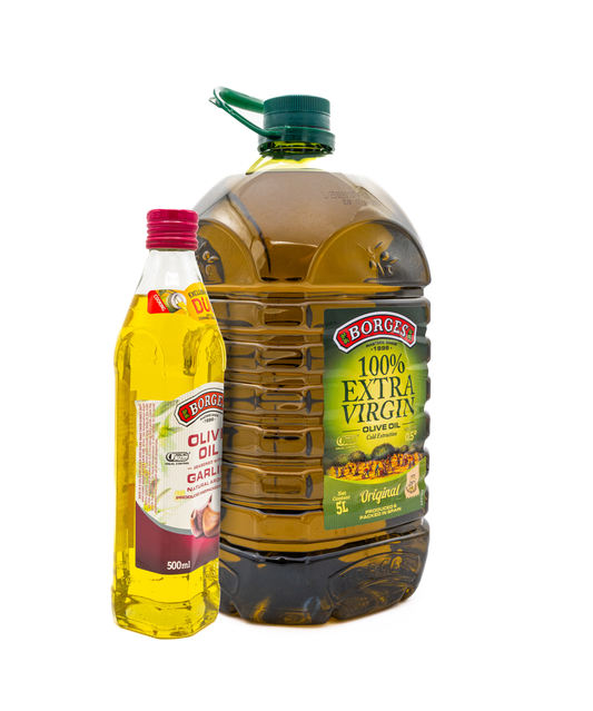 Two bottles of Borges extra virgin olive oil, one galic olive oil small and one large, on a white background.