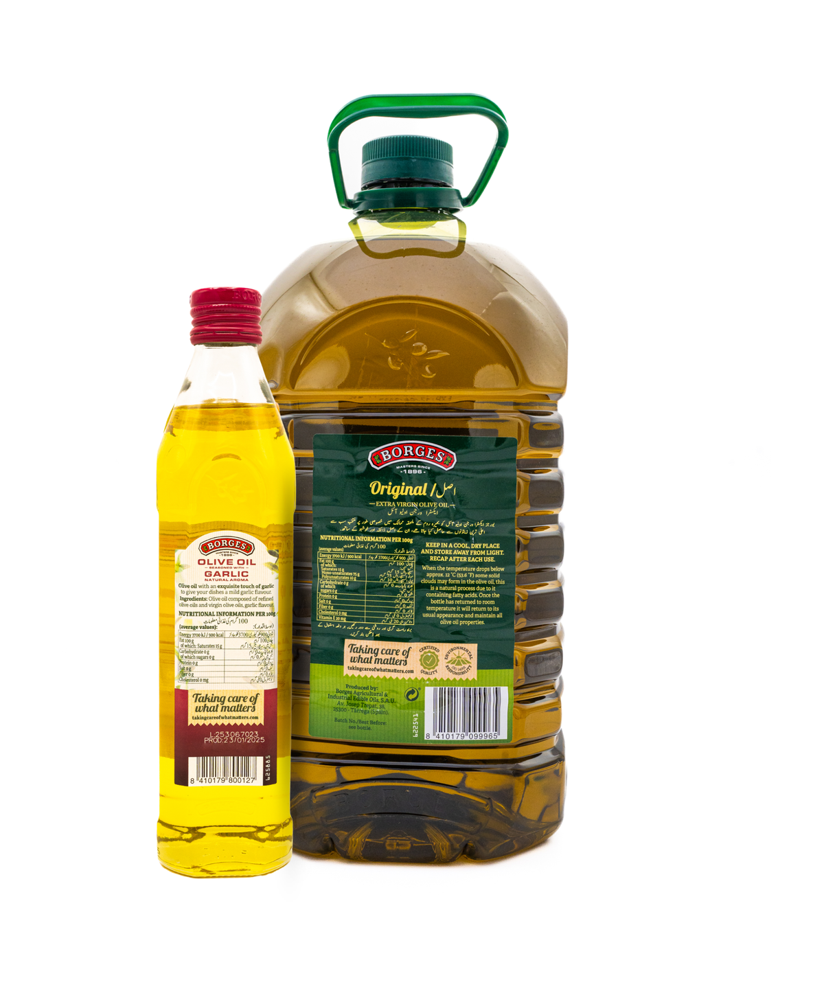 Two bottles of olive oil, one small and one large, on a white background.
