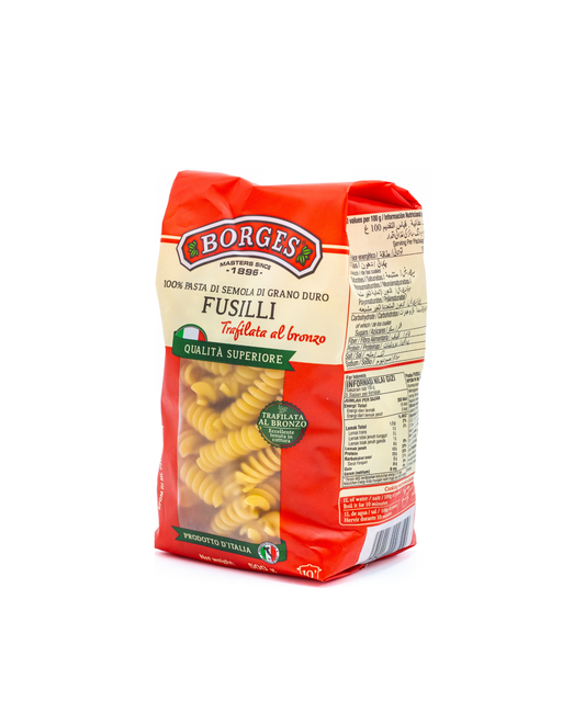 Bag of Borges Fusilli pasta on a white background