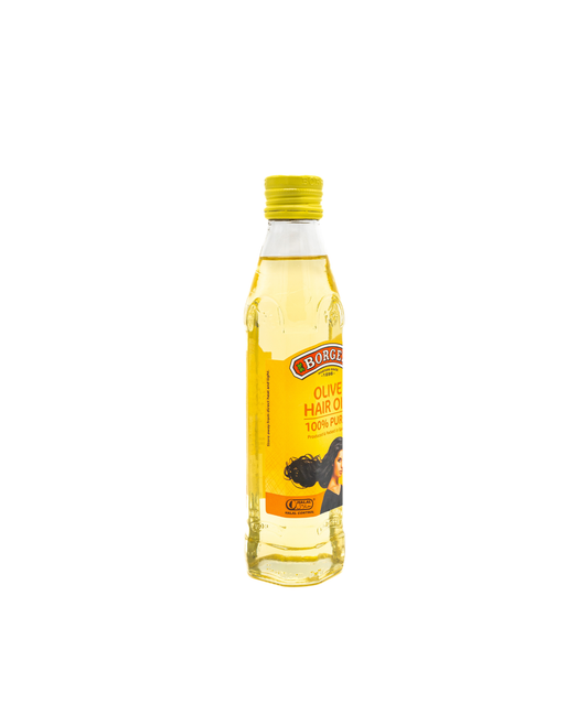 Bottle of Borge olive hair oil on a white background