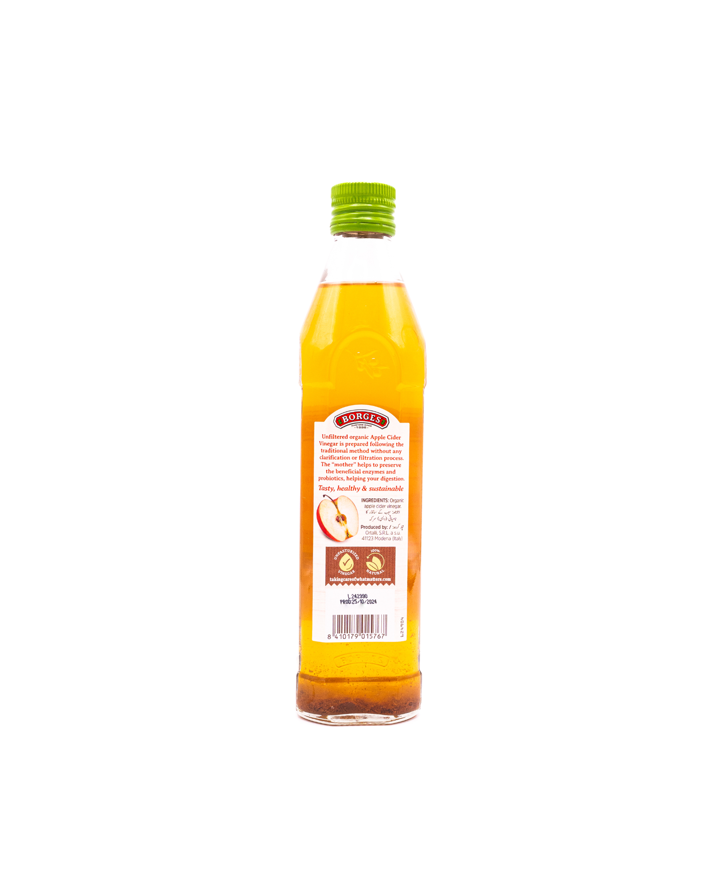 Bottle of orange juice with a green cap on a white background