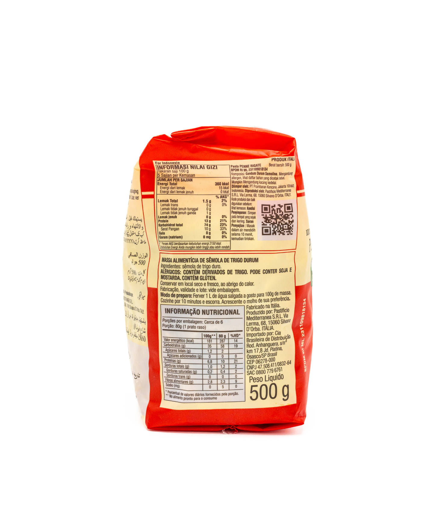 Red and beige food packaging with nutritional information on a white background