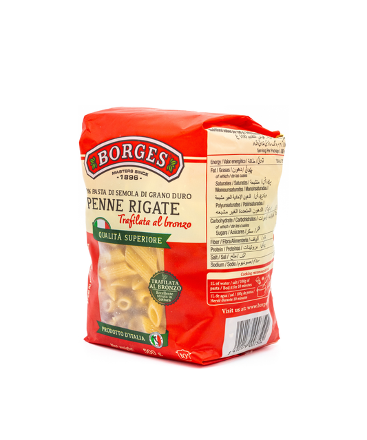 Borges Penne Rigate pasta package on a white background