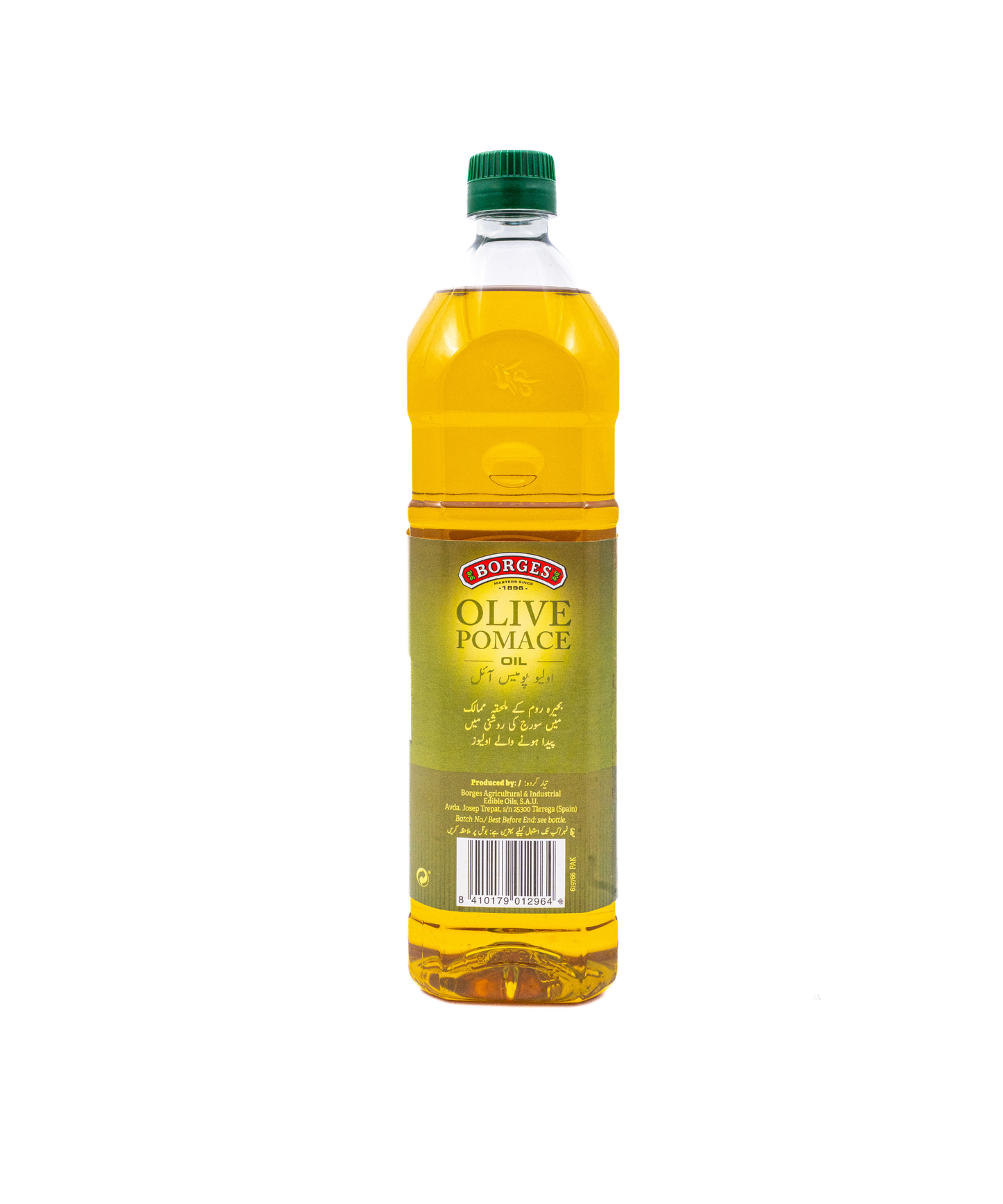 Bottle of Burkes Olive Pomace oil on a white background
