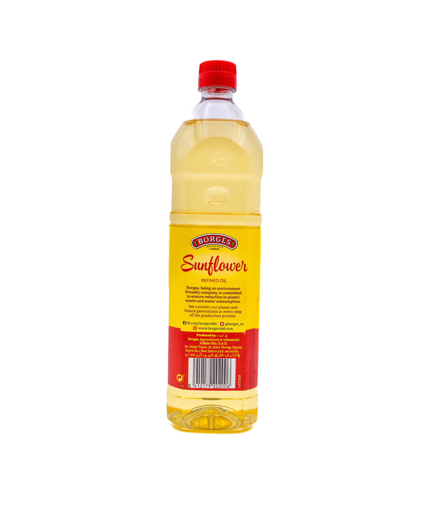 Bottle of sunflower oil with a red cap on a white background