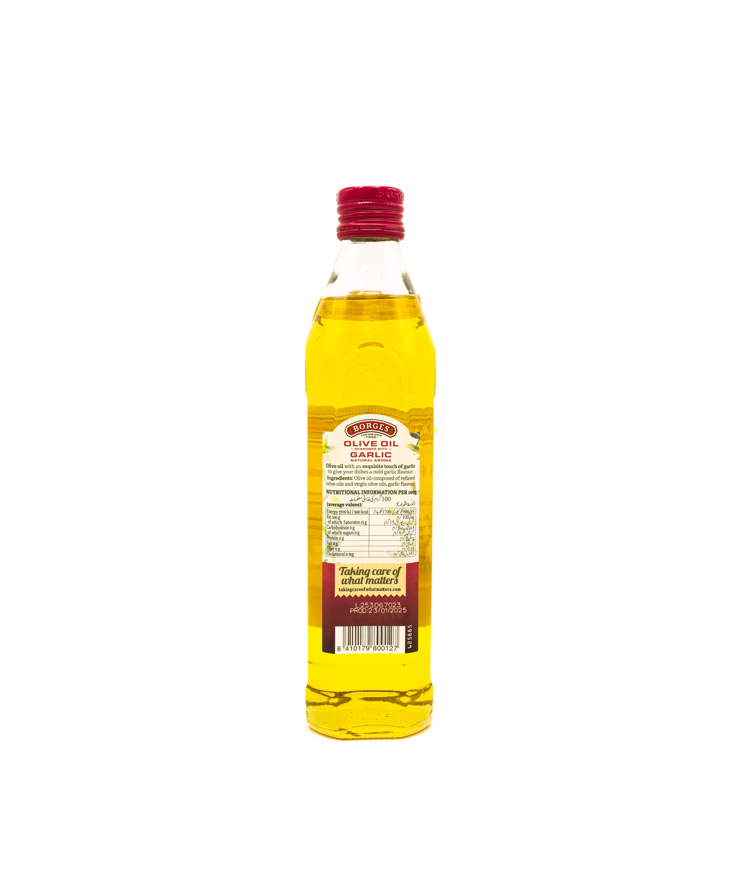 Bottle of olive oil with a red cap on a white background