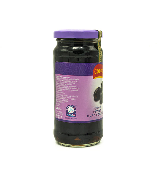 Jar of pitted black olives with a purple label on a white background