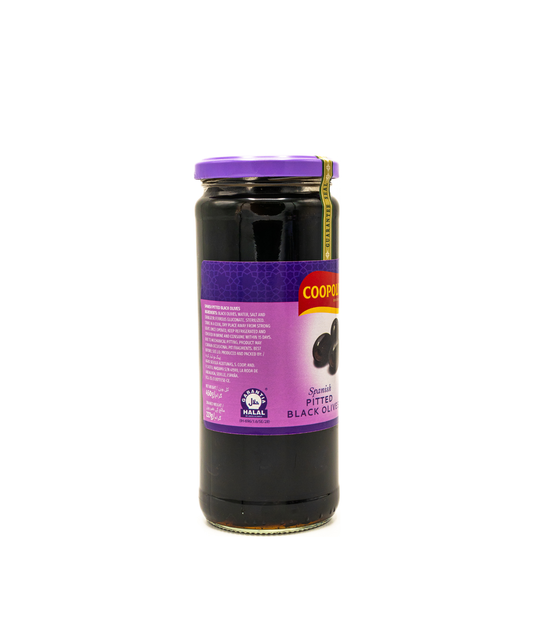 Jar of black olives with a purple label on a white background
