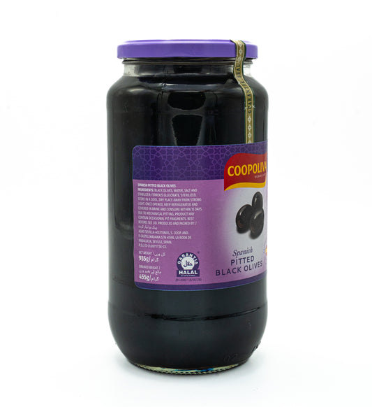 Jar of Coopolish black olives with a purple label on a white background