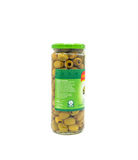 Jar of green pitted olives with a green label on a white background