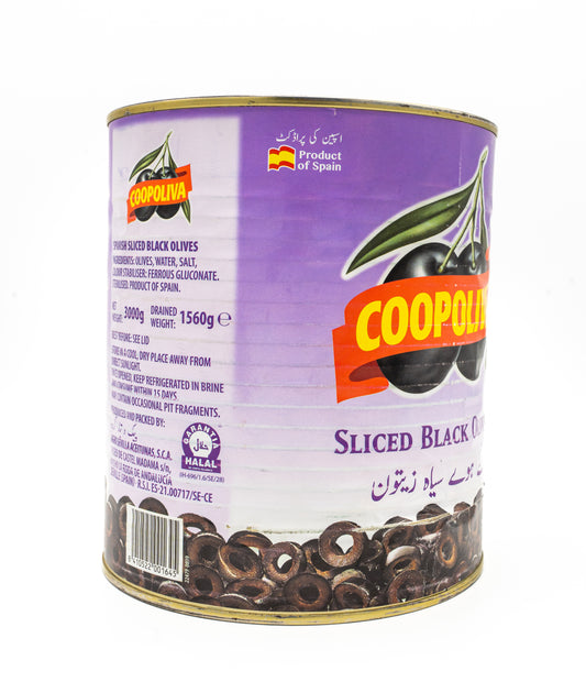 Can of Coopulava sliced black olives with purple label