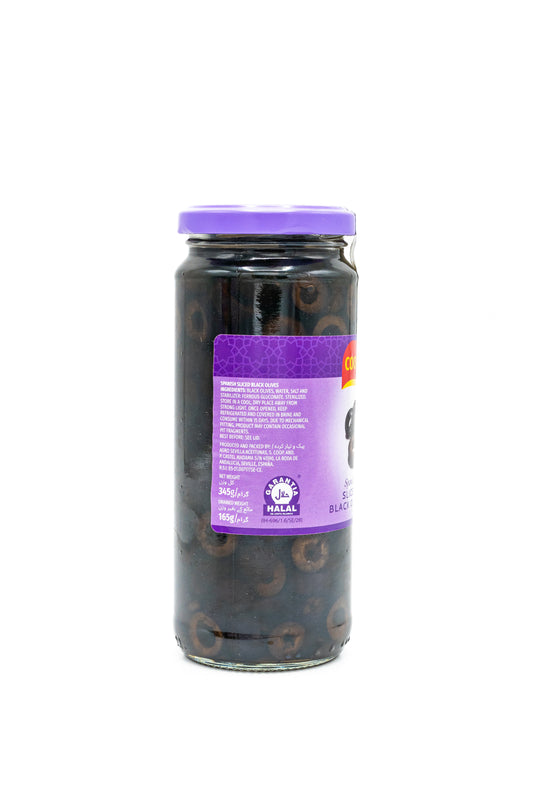 Jar of black olives with a purple lid on a white background
