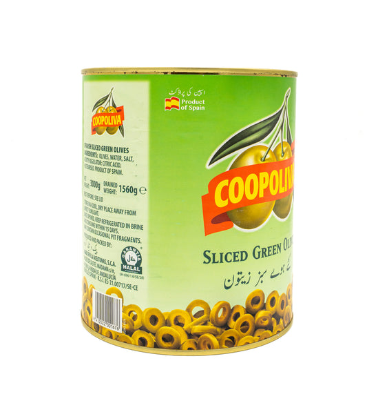 tub of Coopolina sliced green olives on a white background