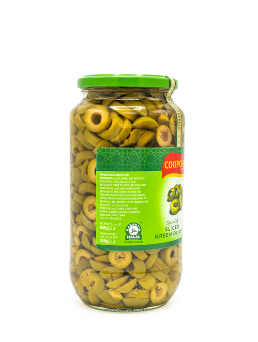 Jar of coopoliva green sliced olives with a green label on a white background