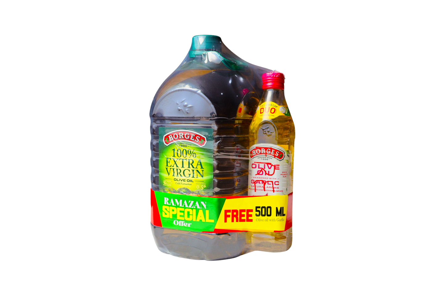 Borges Extra Virgin Olive Oil 5 Ltr with Olive Oil Garlic 500 ML Free