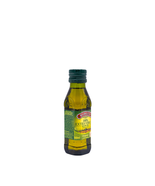 Bottle of olive oil with a label on a white background