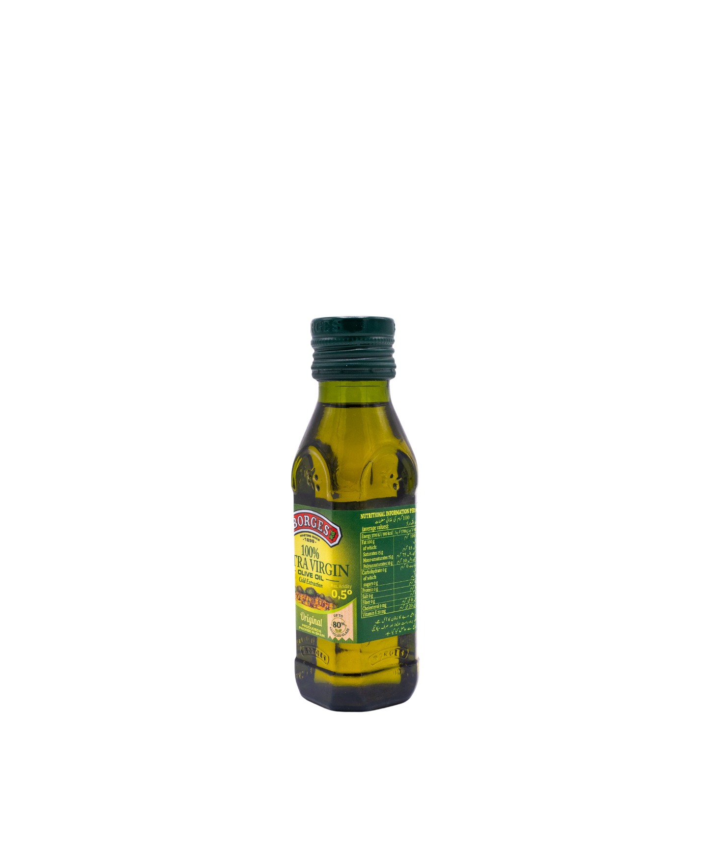 Bottle of olive oil with a green label on a white background