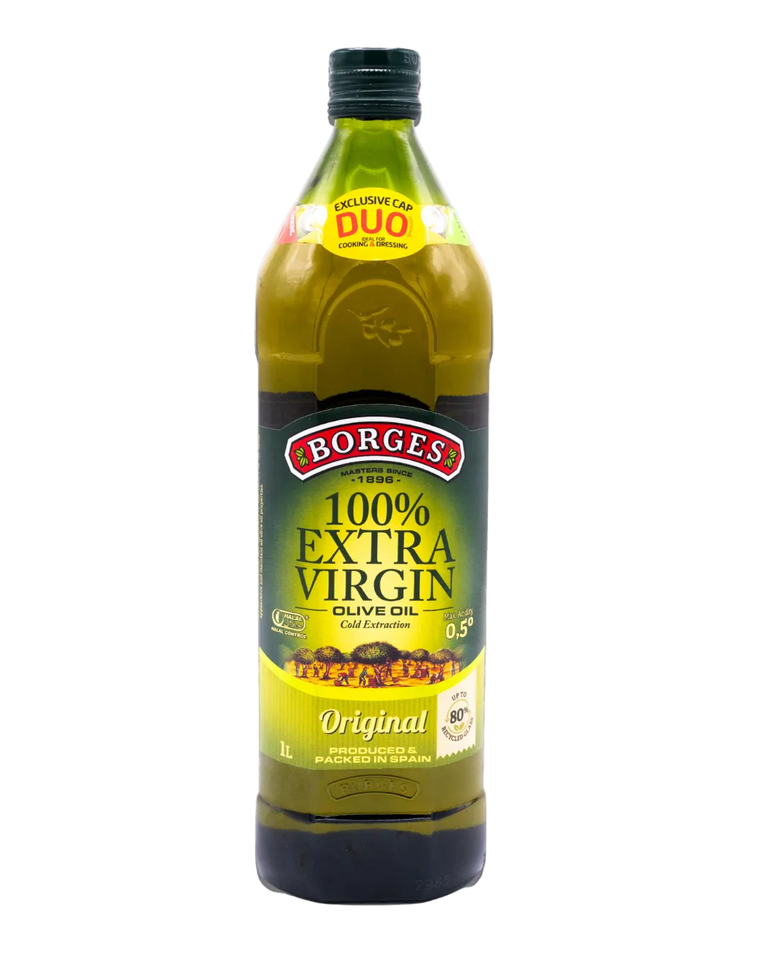 Bottle of Borges 100% Extra Virgin Olive Oil on a white background
