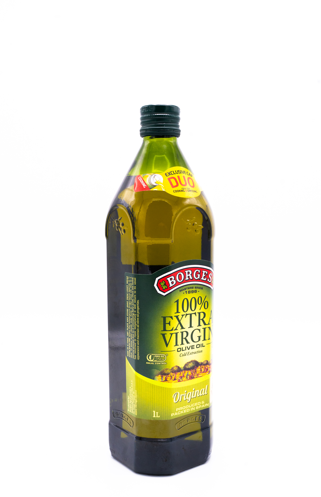 Bottle of Borges 100% Extra Virgin Olive Oil on a white background