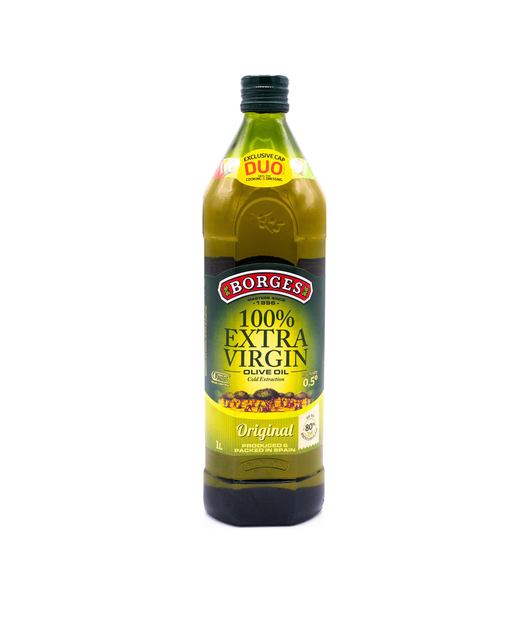 Borges 100% Extra Virgin Olive Oil bottle on a white background