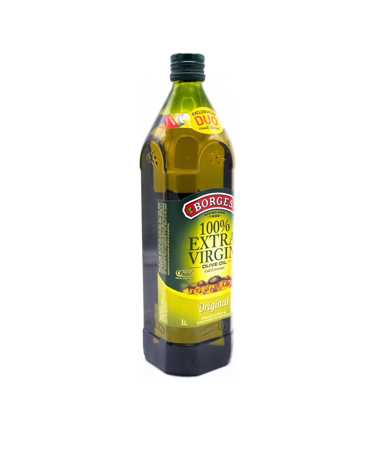Bottle of Borge's 100% Extra Virgin Olive Oil on a white background