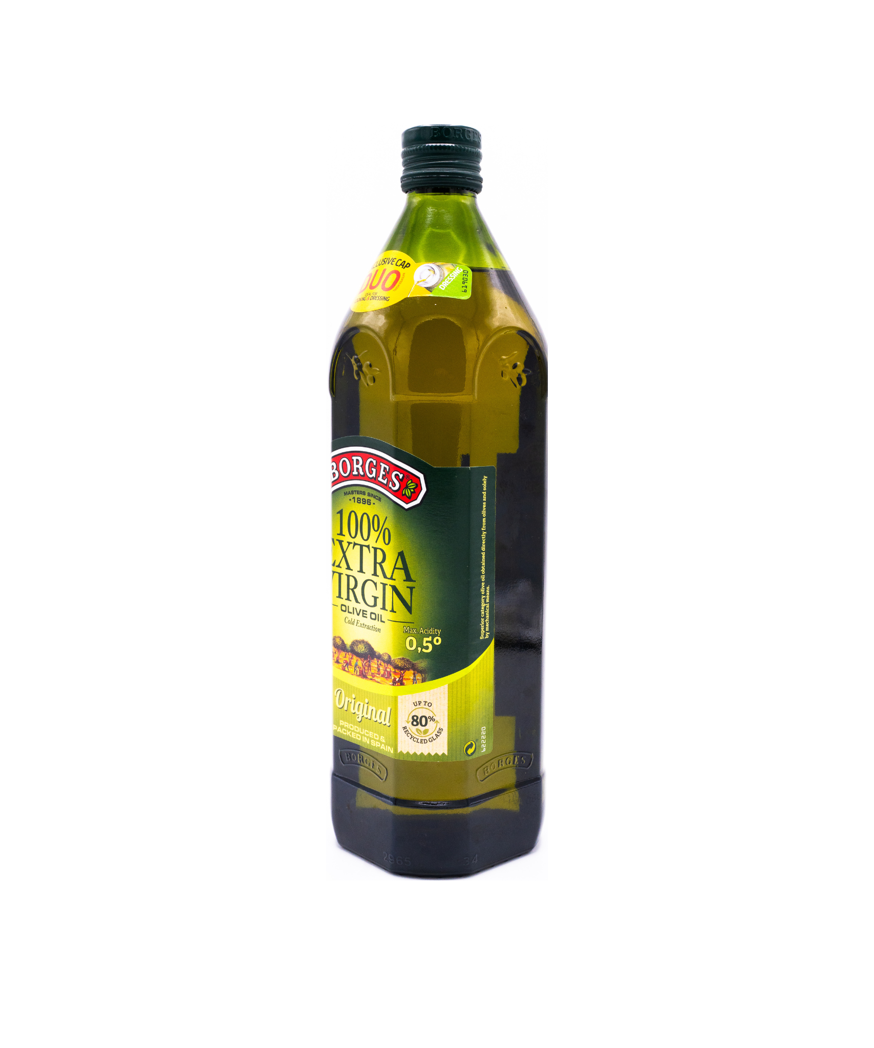 Bottle of Borges 100% Extra Virgin olive oil on a white background
