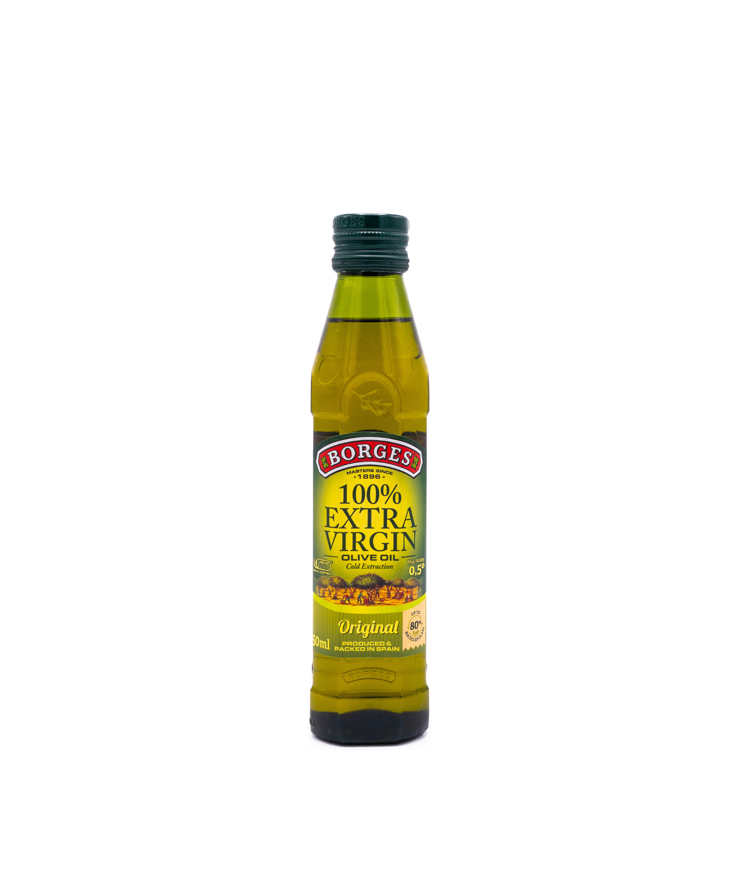 Bottle of Borgi's 100% Extra Virgin Olive Oil on a white background