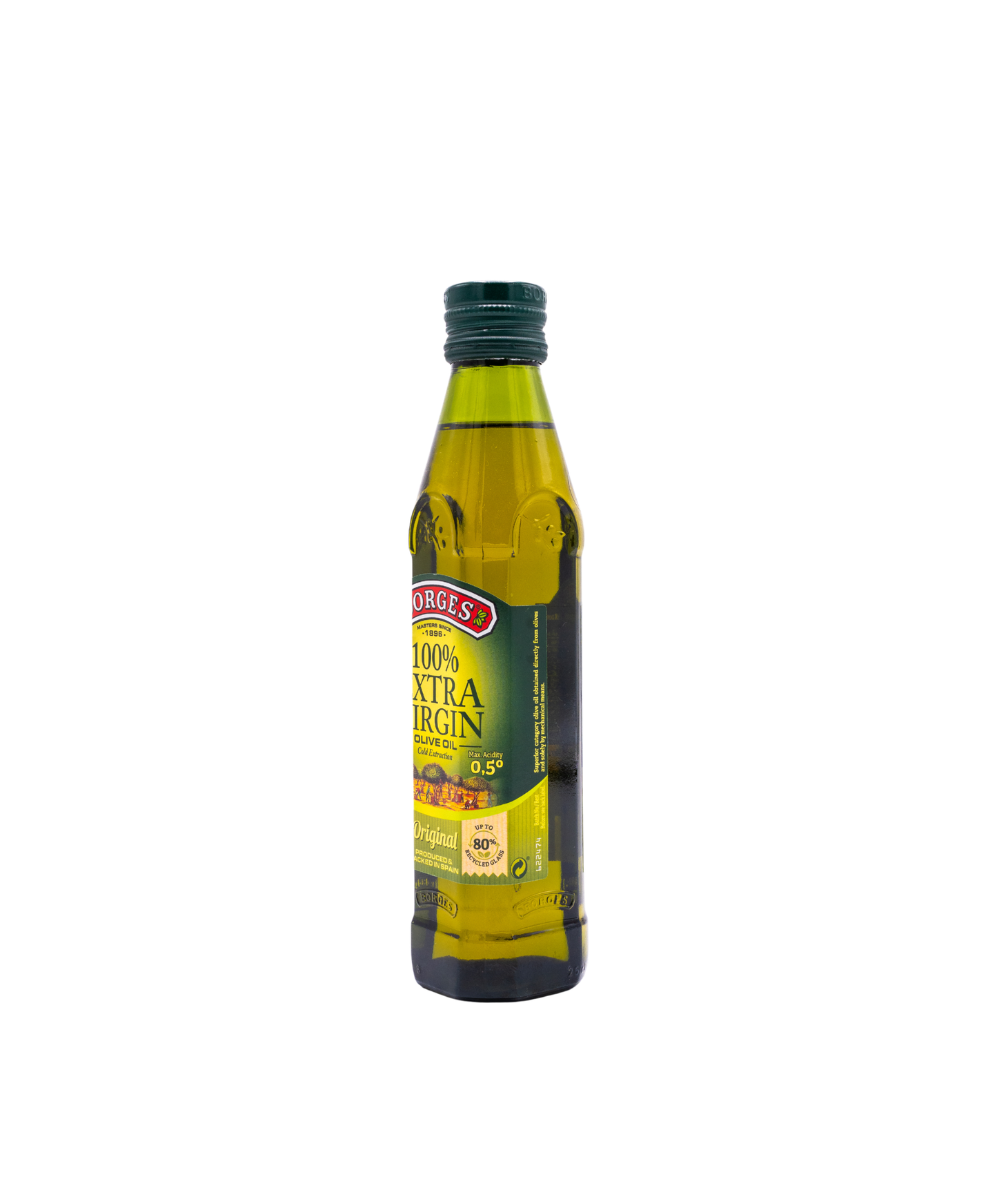 Bottle of olive oil with a label on a white background