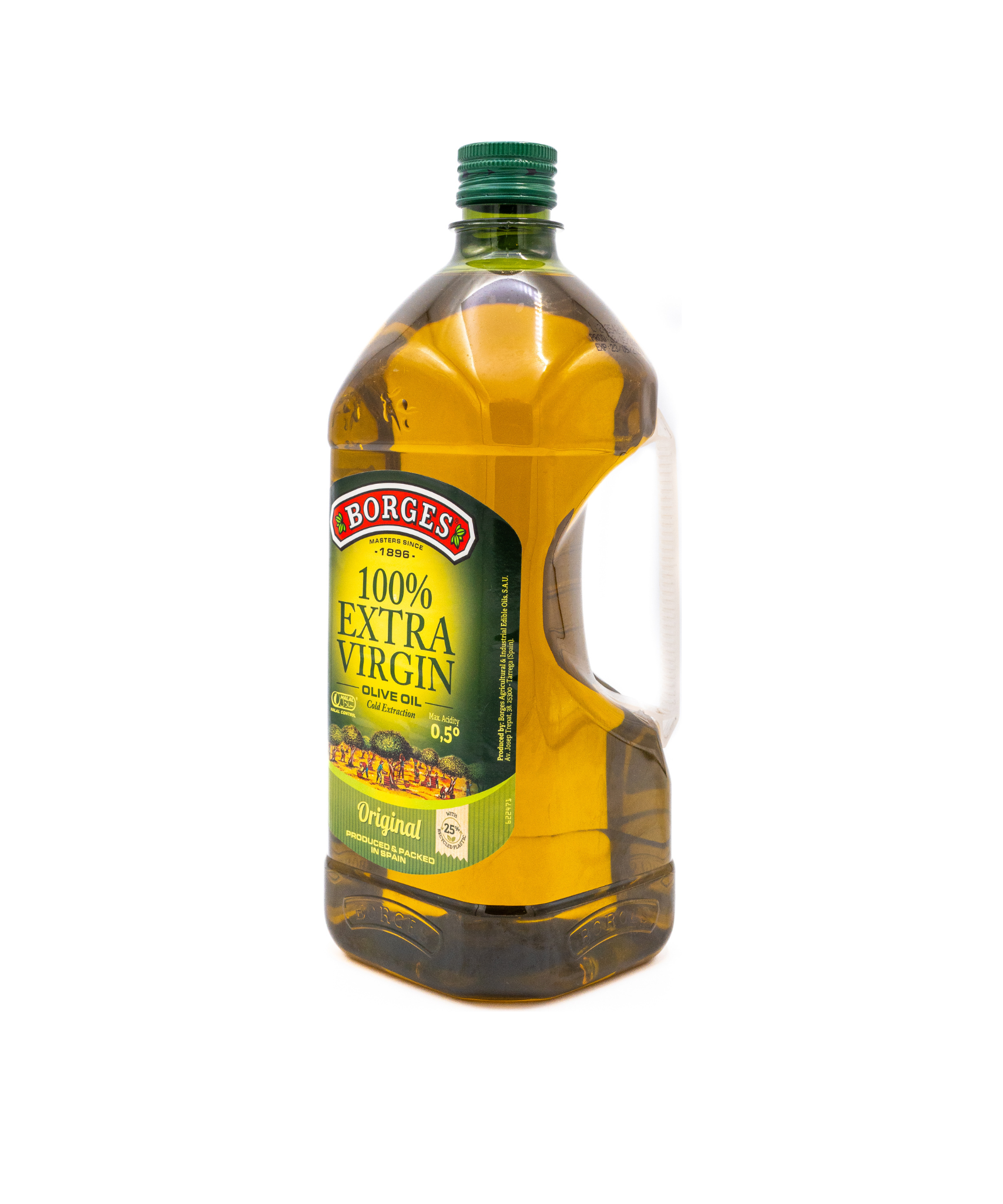 Bottle of Borges 100% Extra Virgin olive oil on a white background