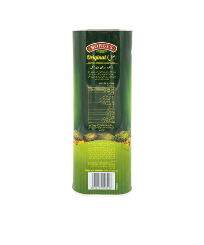 Green canister of Borges olive oil on a white background