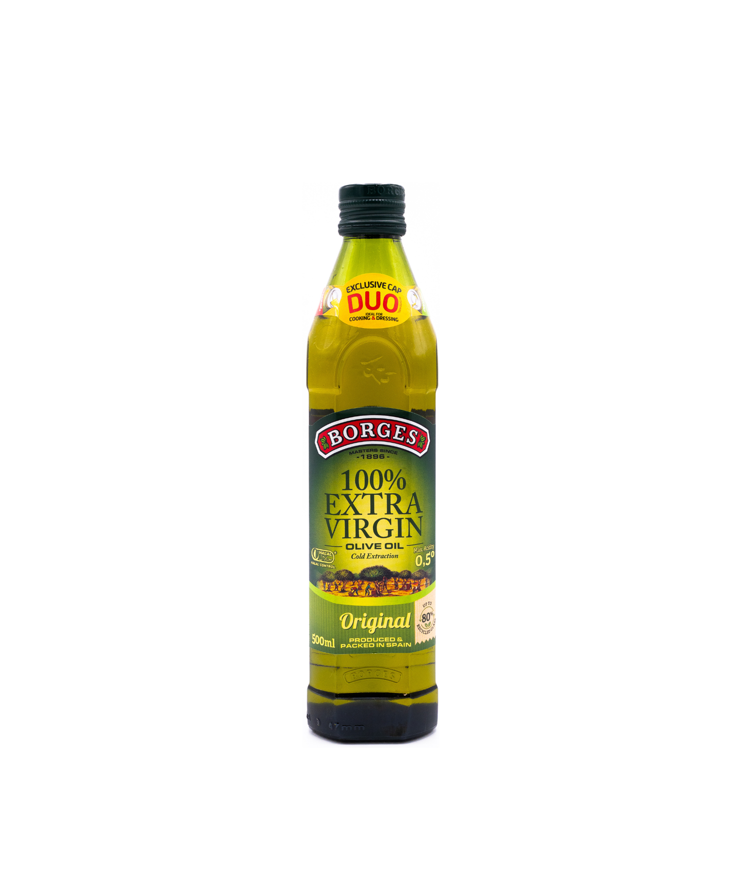 Bottle of Borges 100% Extra Virgin Olive Oil on a white background