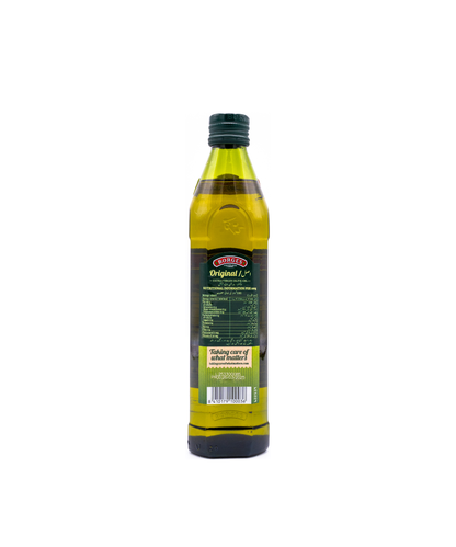 Bottle of olive oil with a green label on a white background