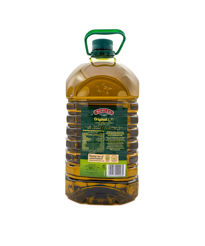 Bottle of olive oil with a green label on a white background