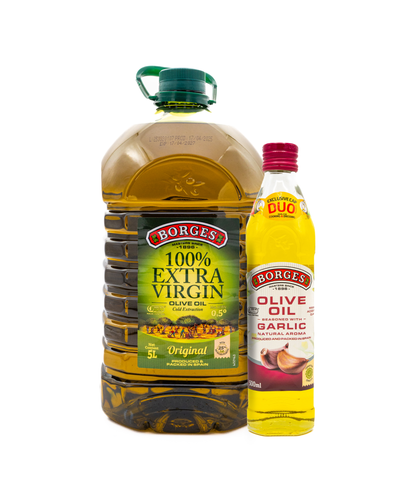 Two bottles of Borges olive oil on a white background Borges Extra Virgin Olive Oil 5 Ltr with Olive Oil Garlic 500 ML Free