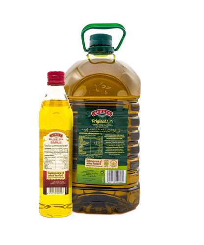 Two bottles of olive oil, one small and one large, on a white background.