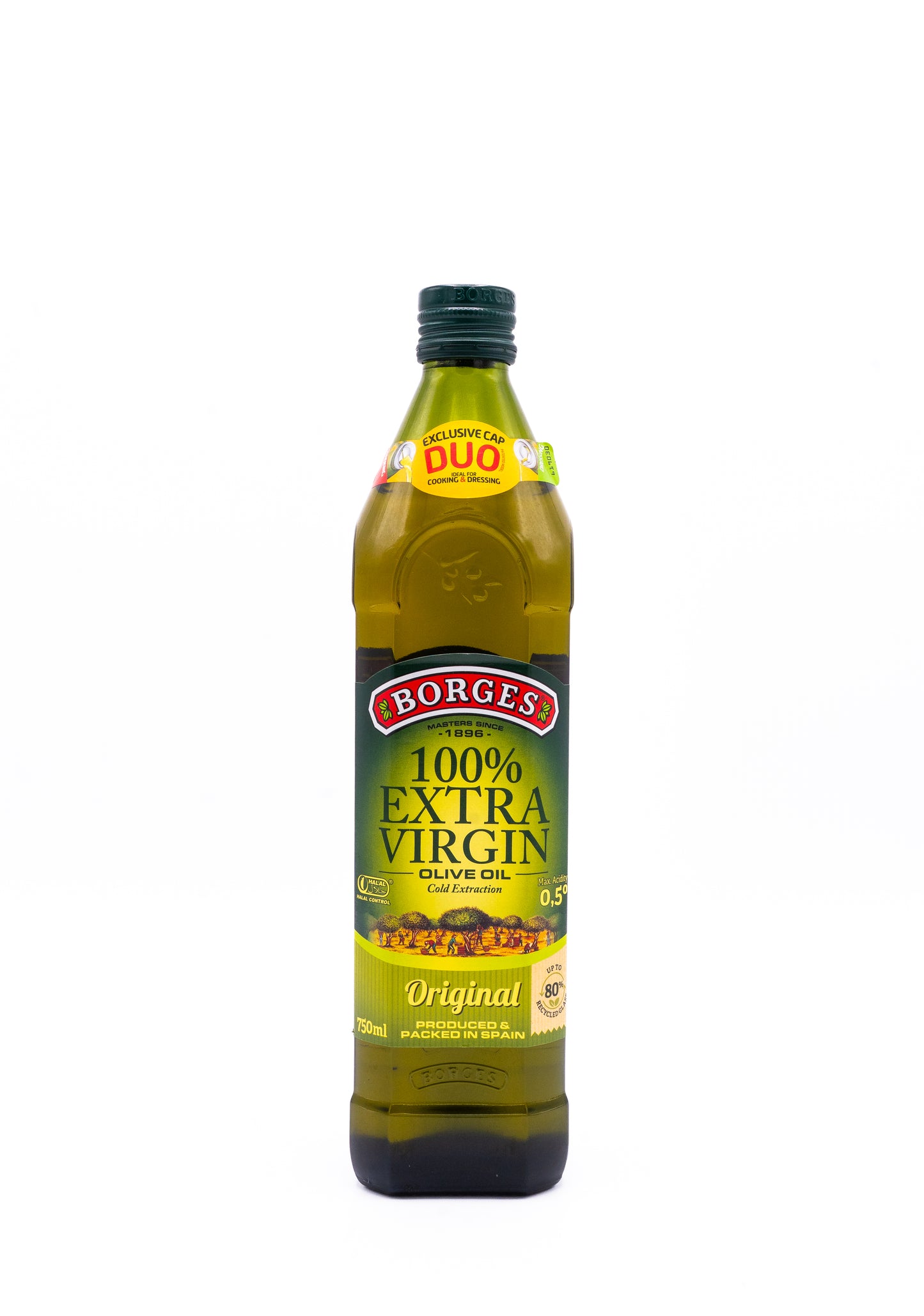 Bottle of Borges 100% Extra Virgin olive oil on a white background