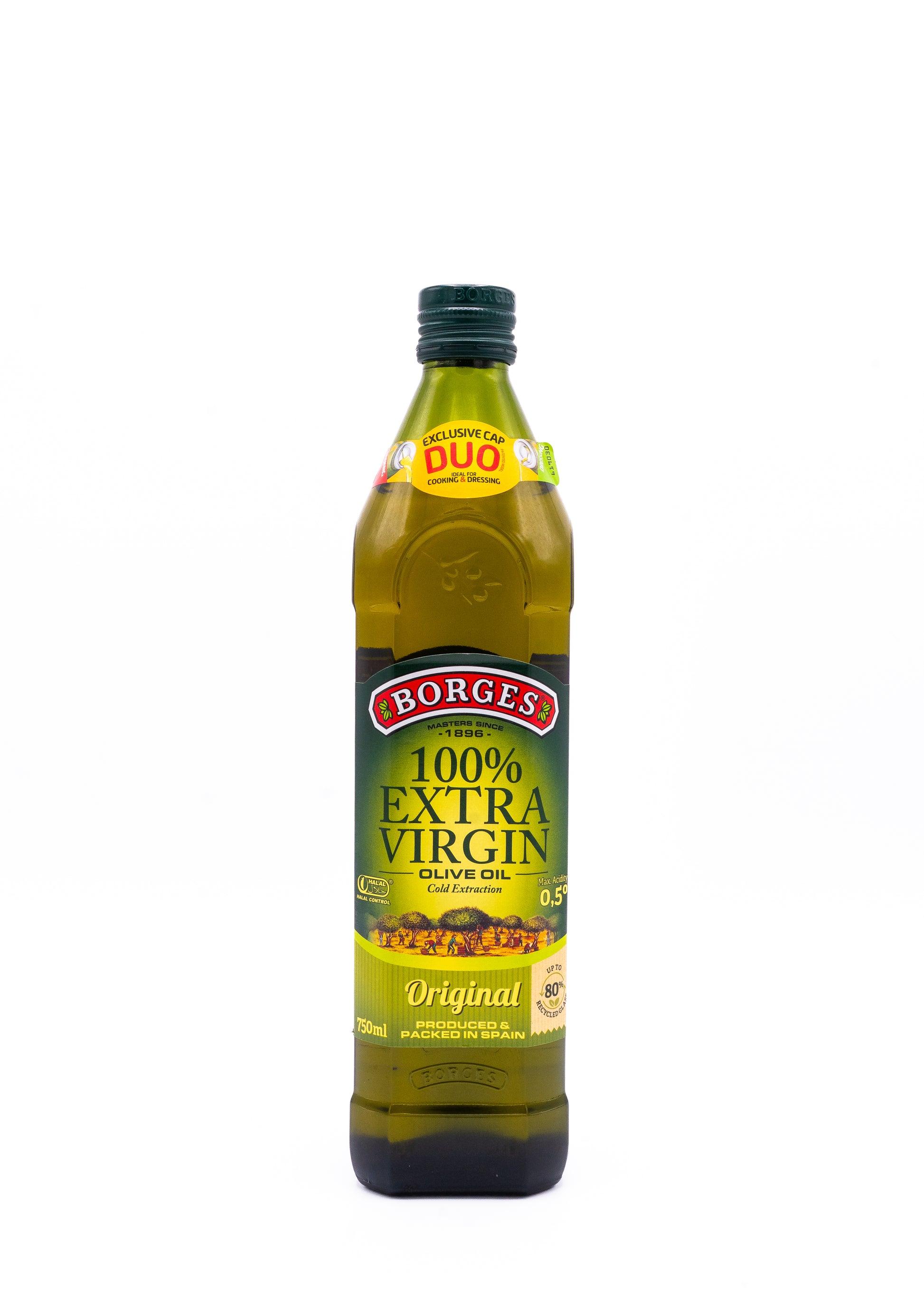 Bottle of Borges 100% Extra Virgin olive oil on a white background