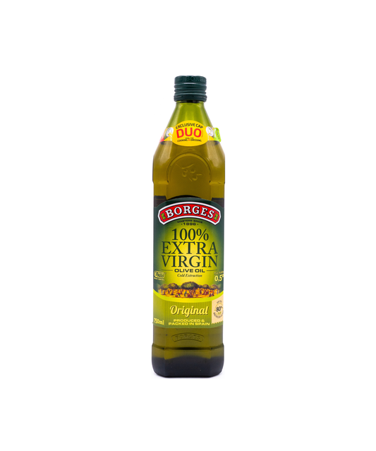 Bottle of Borges 100% Extra Virgin Olive Oil on a white background