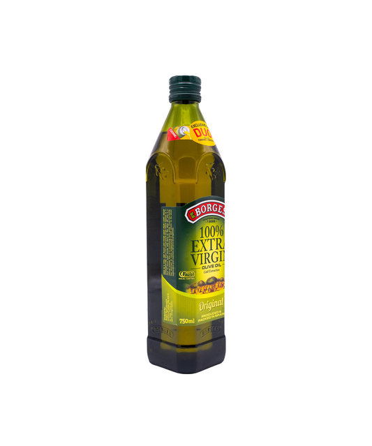 Bottle of olive oil with a label on a white background