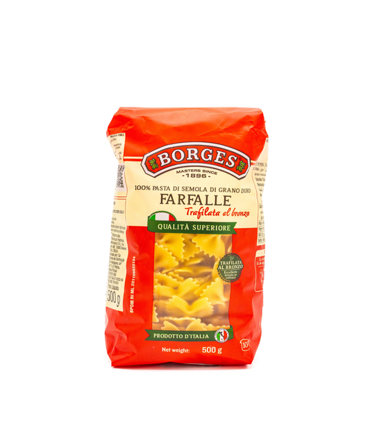 Bag of Borges Farfalle pasta on a white background