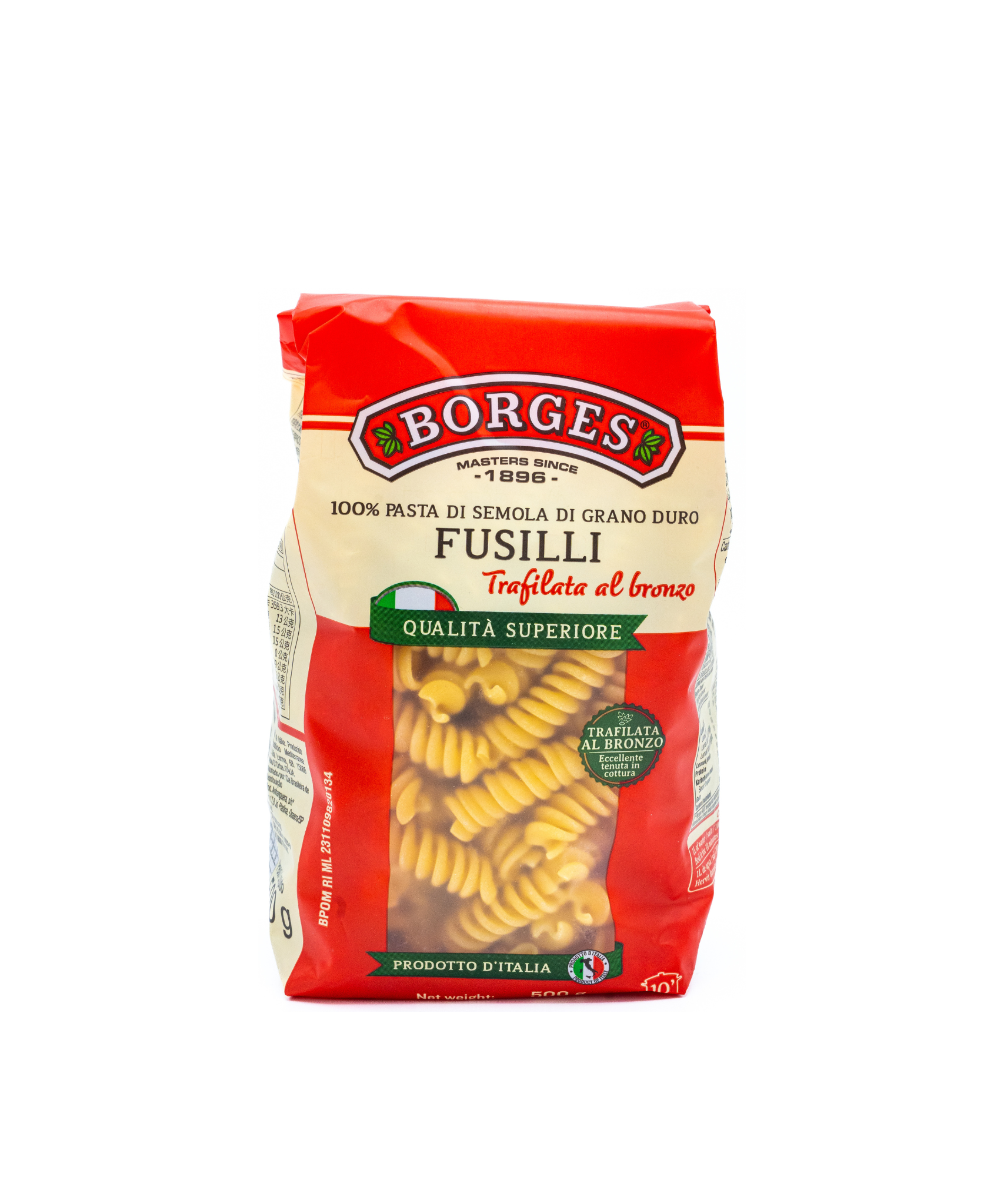 Bag of Borges Fusilli pasta on a white background