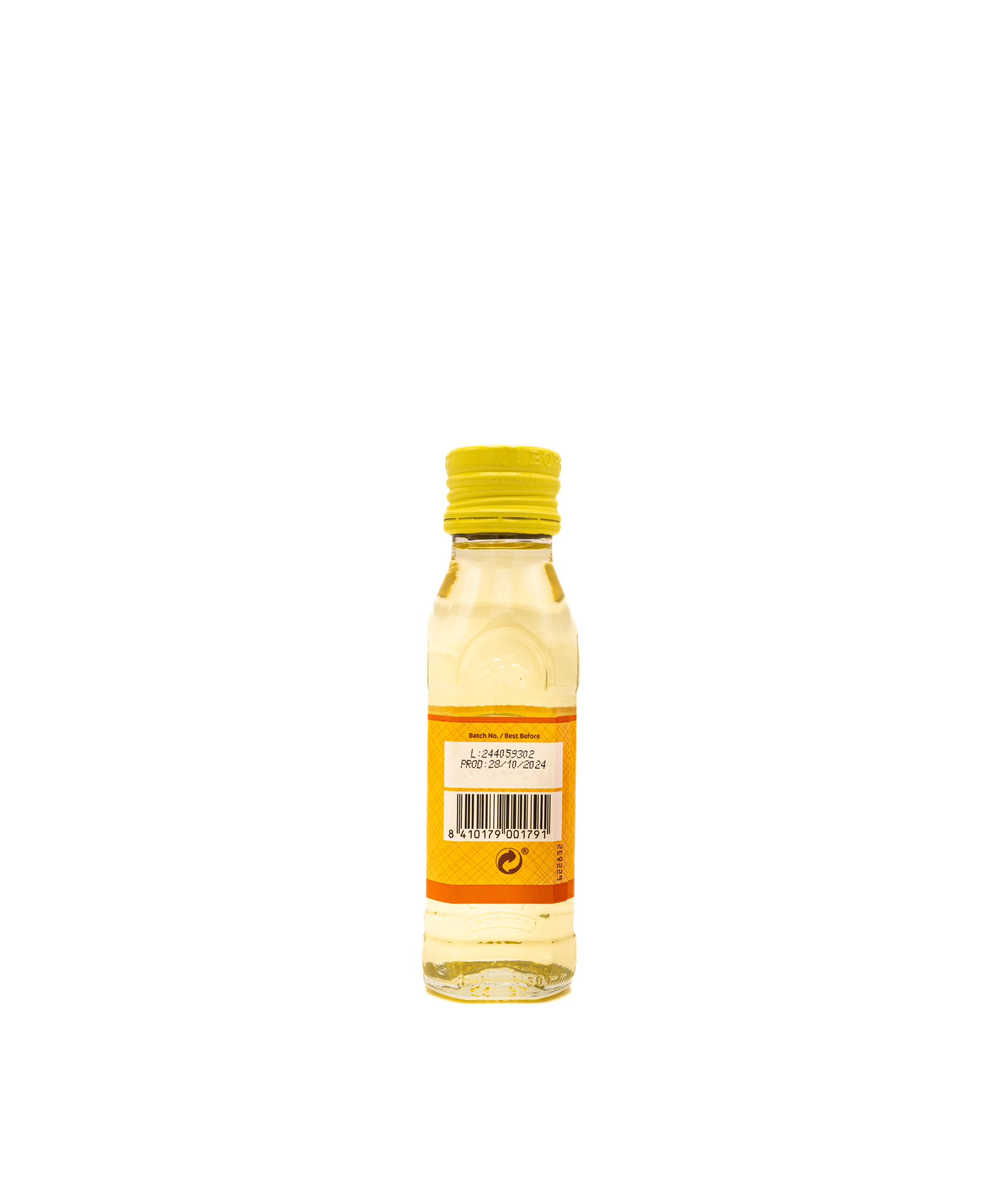 Bottle of oil with a yellow cap on a white background