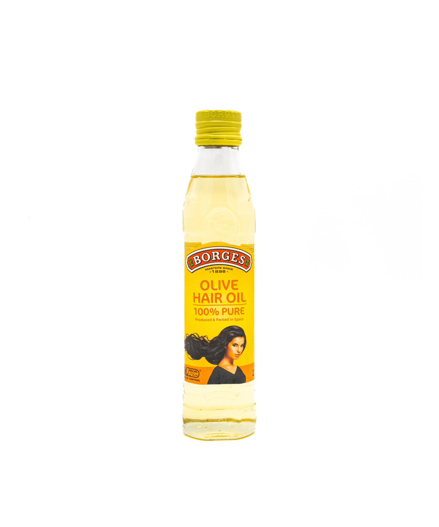 Borges olive hair oil bottle with yellow label on a white background