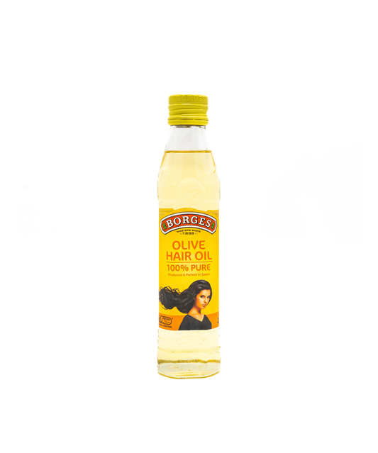 Borges olive hair oil bottle with yellow label on a white background