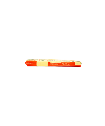Long rectangular object with red and yellow packaging on a white background