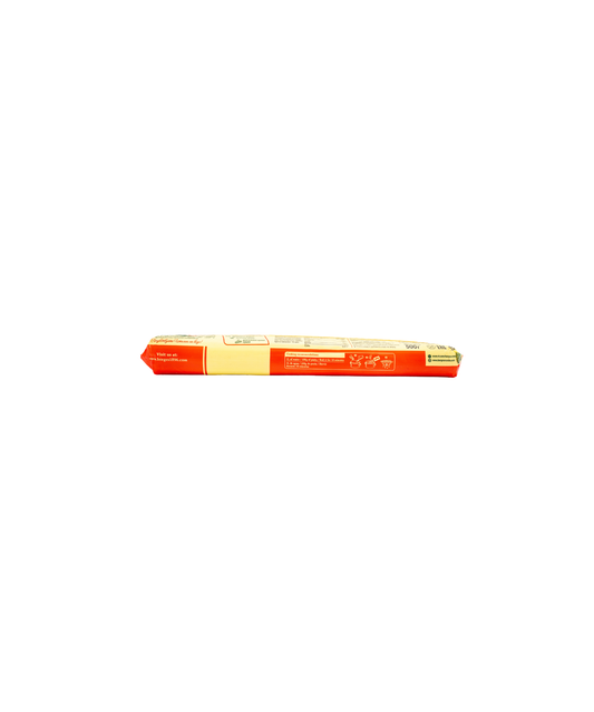 Long rectangular object with red and yellow packaging on a white background
