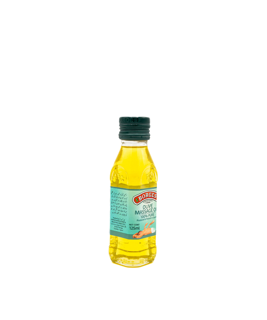 Bottle of olive oil with a green label on a white background